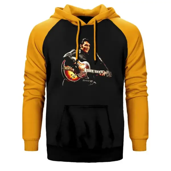 Elvis Presley Hoodie, Double Color Raglan Sleeve Yellow Sweatshirt