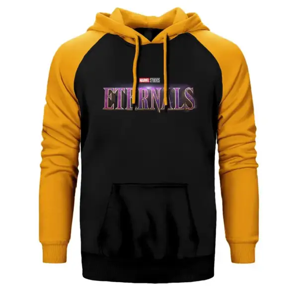 Eternals Logo Hoodie, Double Color Raglan Sleeve Yellow Sweatshirt