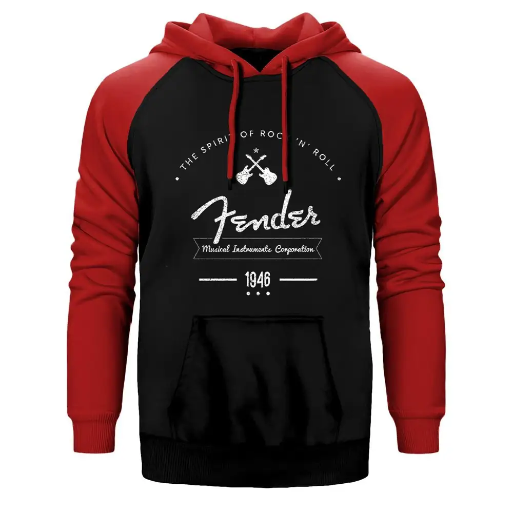 Fender Logo Hoodie, Double Color Raglan Sleeve Red Sweatshirt