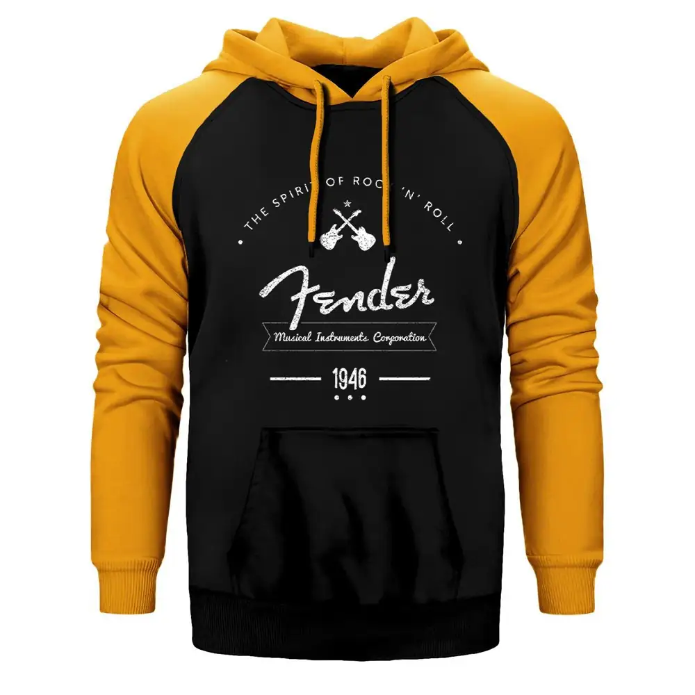 Fender Logo Hoodie, Double Color Raglan Sleeve Yellow Sweatshirt