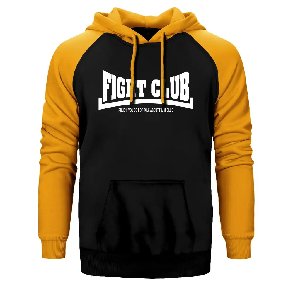 Fight Club Rule 1 Hoodie, Double Color Raglan Sleeve Yellow Sweatshirt