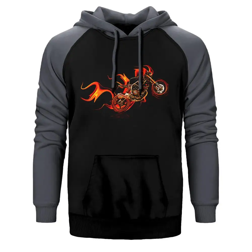 Fire Motorcycle Hoodie, Double Color Raglan Sleeve Gray Sweatshirt