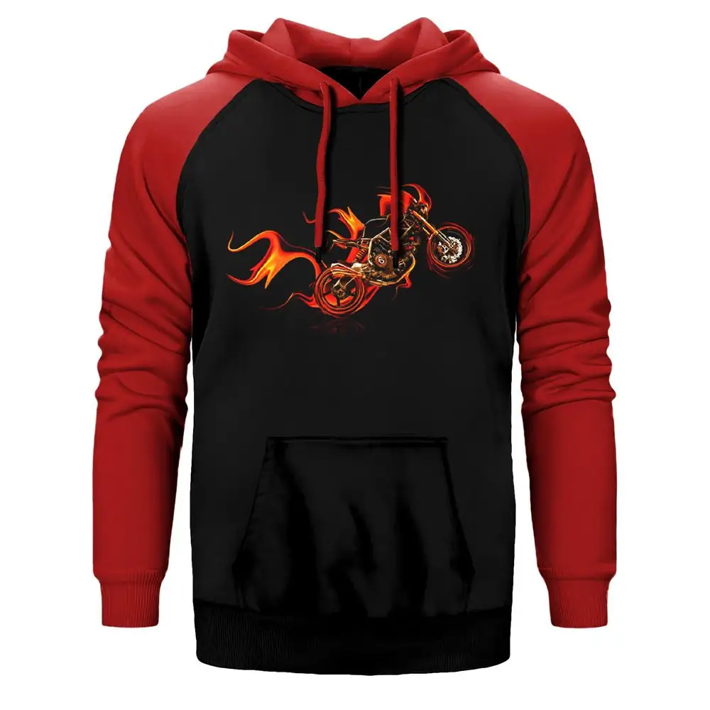 Fire Motorcycle Hoodie, Double Color Raglan Sleeve Red Sweatshirt