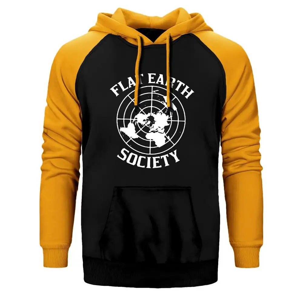 Flat Earth Society Hoodie, Double Color Raglan Sleeve Yellow Sweatshirt