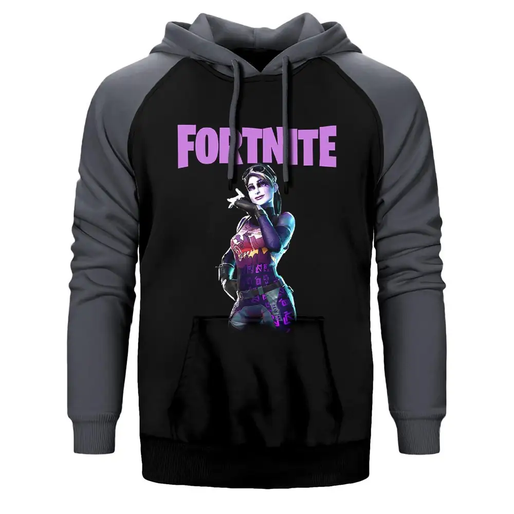 Fortnite Dark Bomber Hoodie, Double Color Raglan Sleeve Gray Sweatshirt
