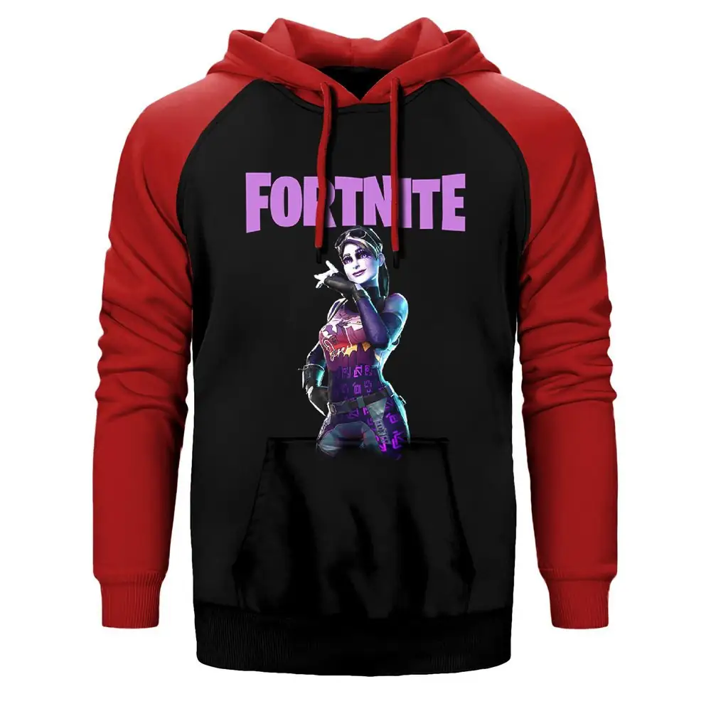 Fortnite Dark Bomber Hoodie, Double Color Raglan Sleeve Red Sweatshirt