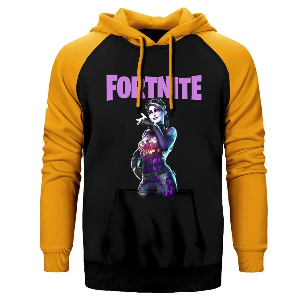 Fortnite Dark Bomber Hoodie, Double Color Raglan Sleeve Yellow Sweatshirt