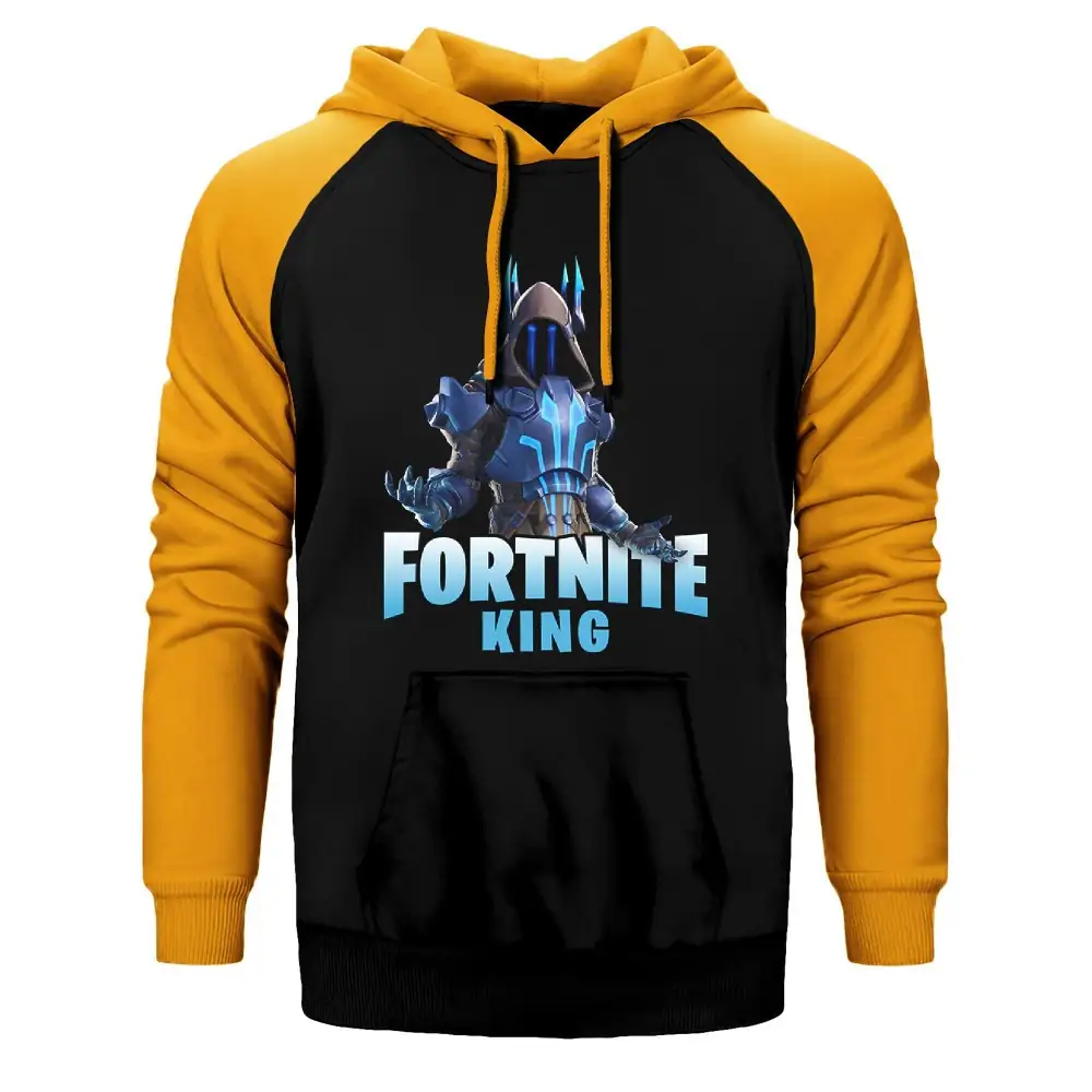 Fortnite King Hoodie, Double Color Raglan Sleeve Yellow Sweatshirt