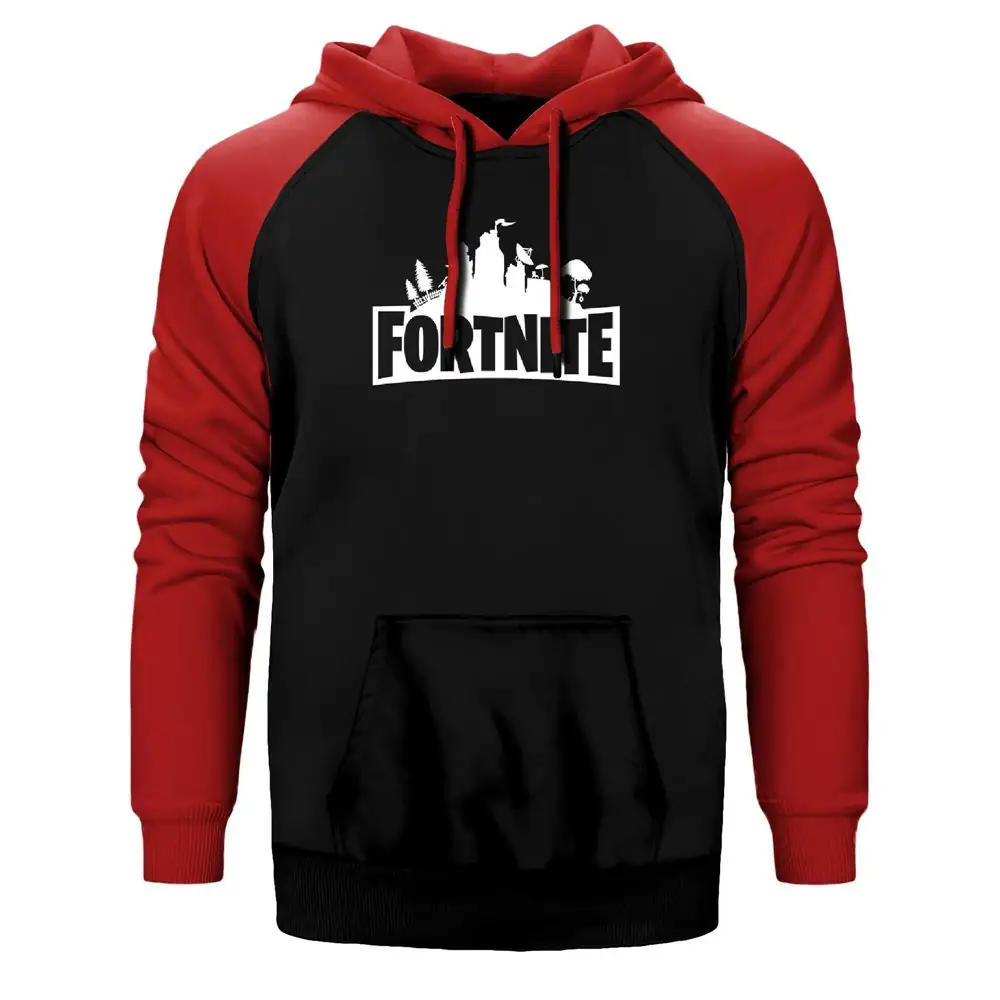 Fortnite Logo Hoodie, Double Color Raglan Sleeve Red Sweatshirt