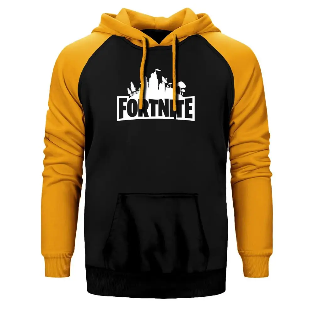 Fortnite Logo Hoodie, Double Color Raglan Sleeve Yellow Sweatshirt