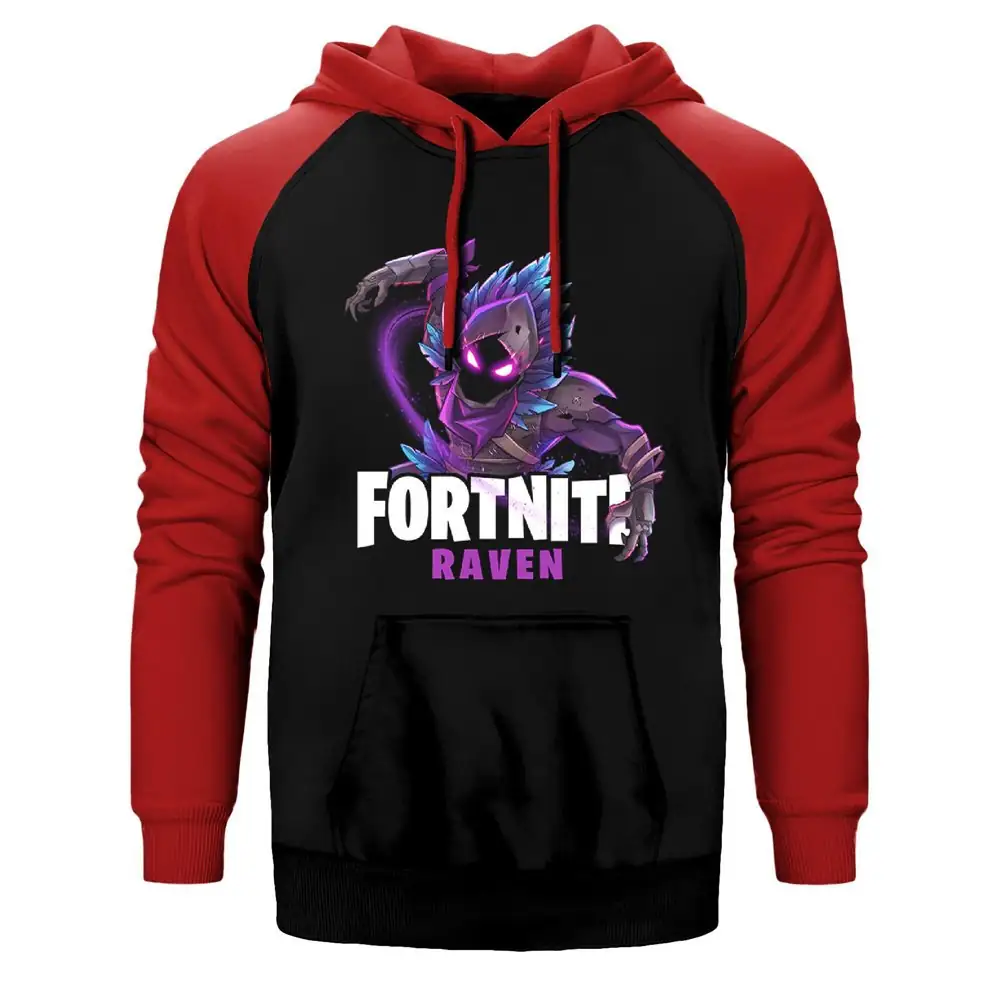 Fortnite Raven Hoodie, Double Color Raglan Sleeve Red Sweatshirt