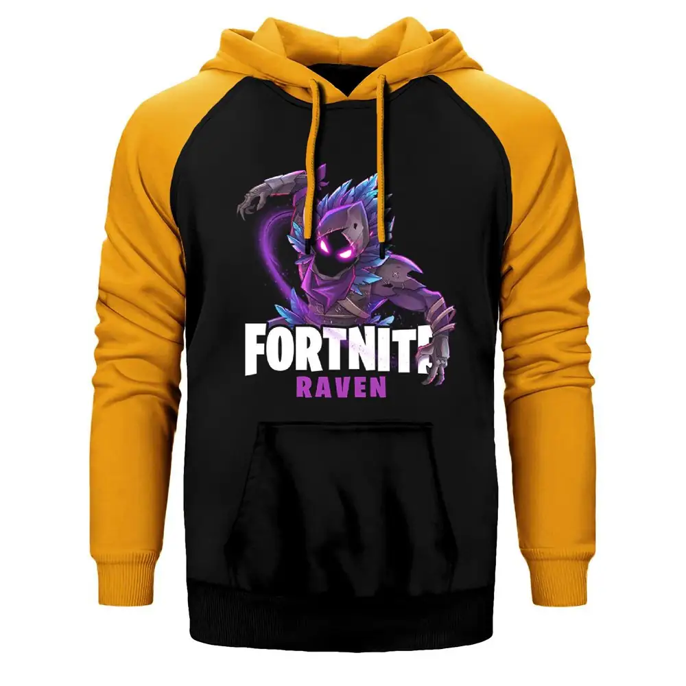 Fortnite Raven Hoodie, Double Color Raglan Sleeve Yellow Sweatshirt