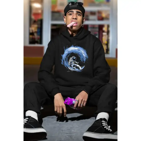 Galactic Surfer Hoodie Thick Men's Black Sweatshirt