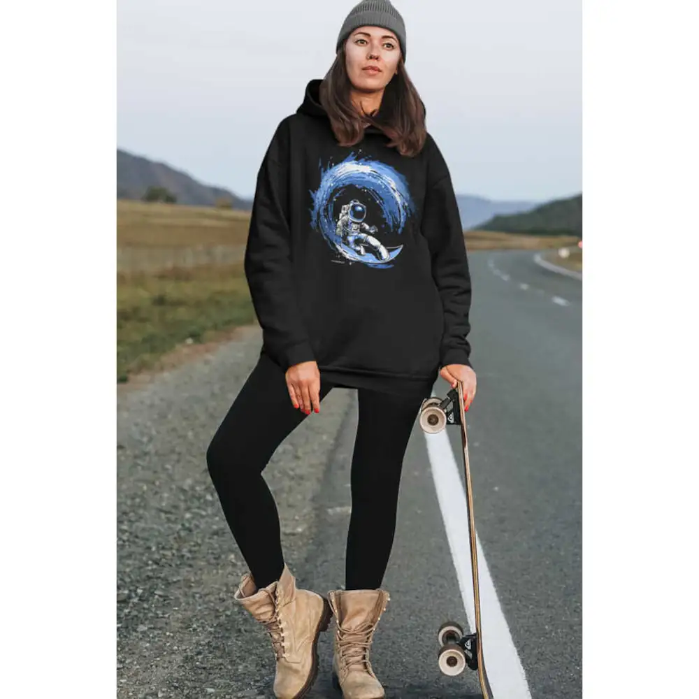 Galactic Surfer Hoodie Thick Oversize Women's Black Sweatshirt