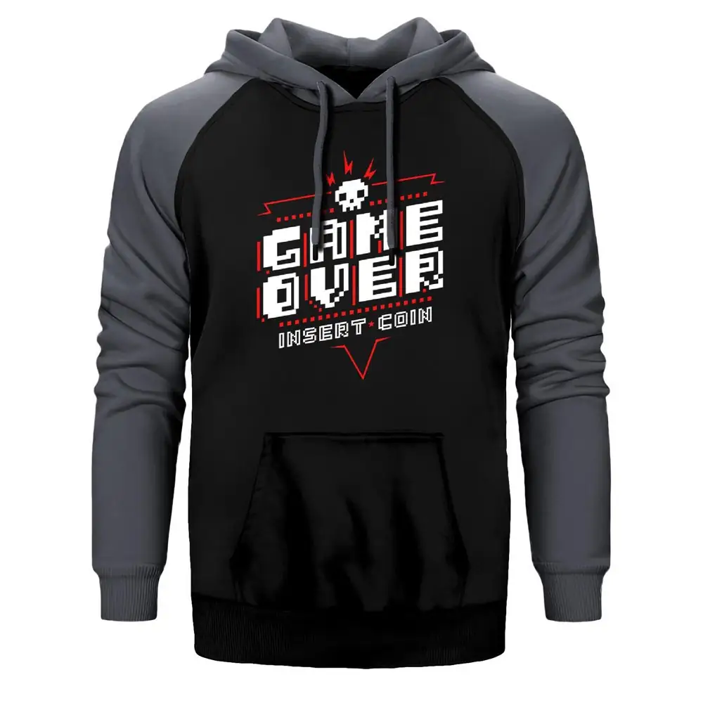 Game Over Insert Coin Hoodie, Double Color Raglan Sleeve Gray Sweatshirt