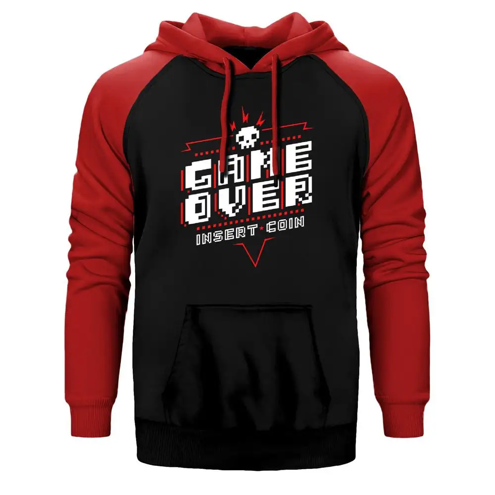 Game Over Insert Coin Hoodie, Double Color Raglan Sleeve Red Sweatshirt