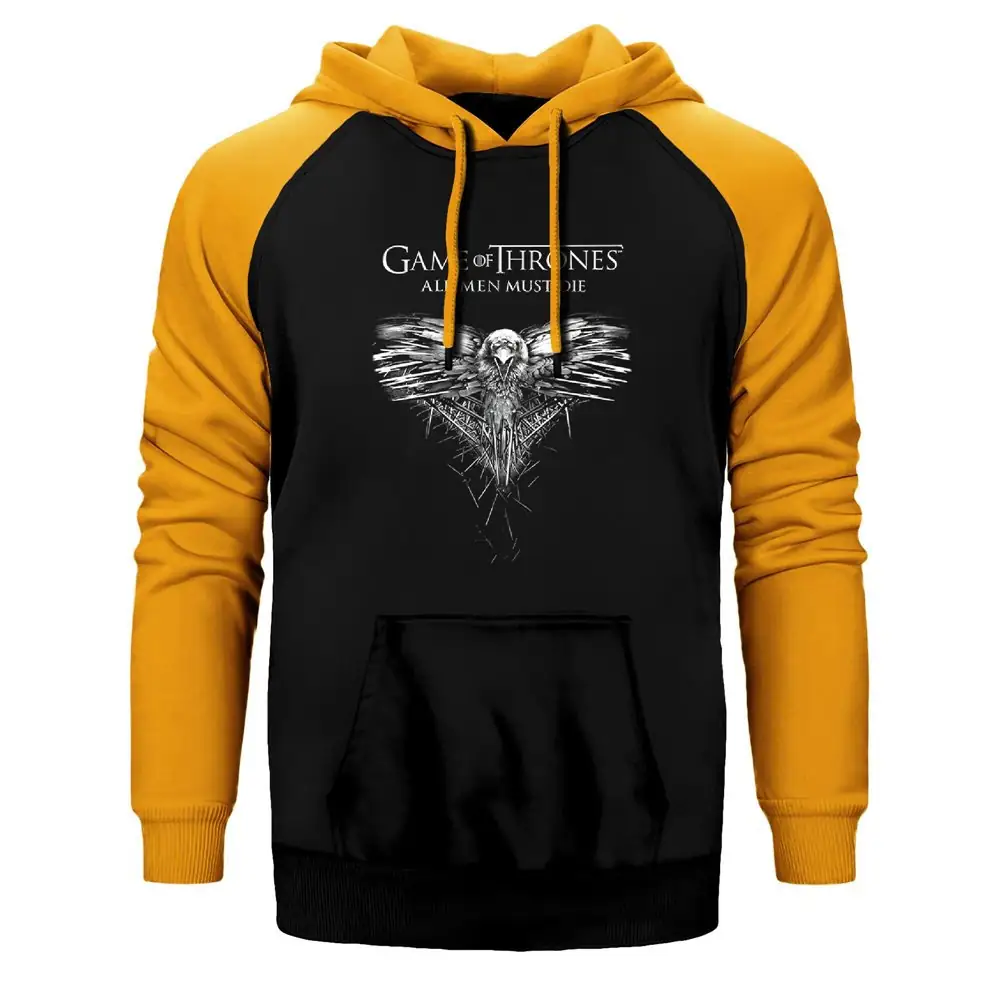Game of Thrones All Men Must Die Hoodie, Double Color Raglan Sleeve Yellow Sweatshirt