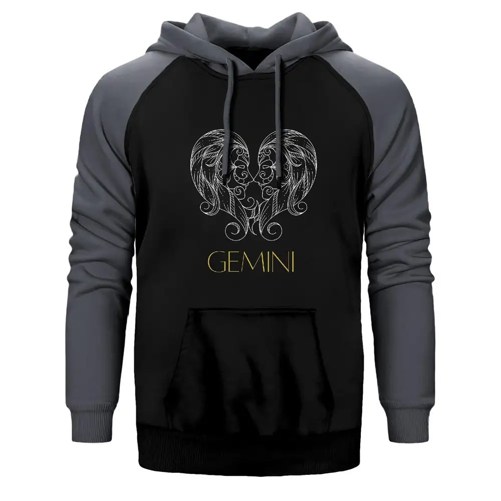 Gemini Zodiac Retro Hoodie, Double Color Raglan Sleeve Gray Sweatshirt