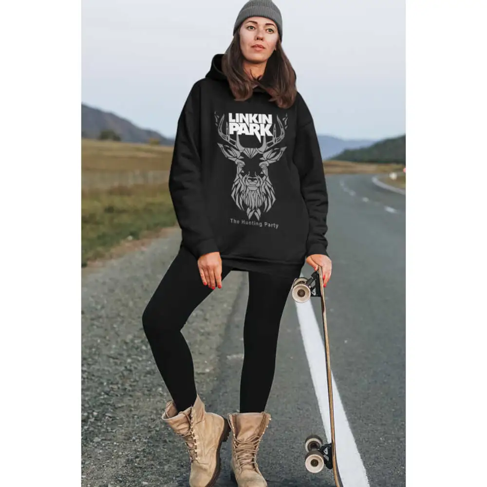 Geometric Deer Hoodie Thick Oversize Women's Black Sweatshirt