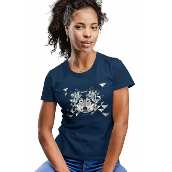 Geometric Wolf Short Sleeve Women's Navy Blue T-shirt
