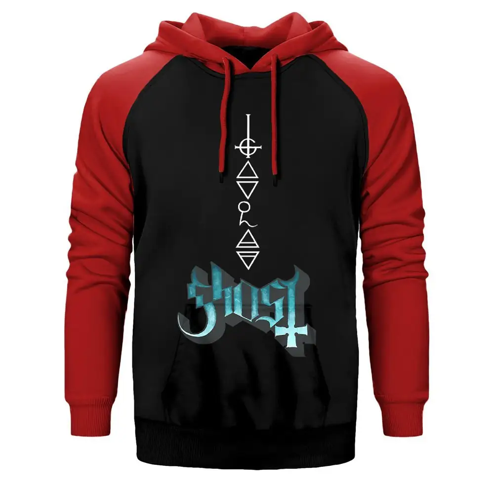Ghost Rivals Hoodie, Double Color Raglan Sleeve Red Sweatshirt