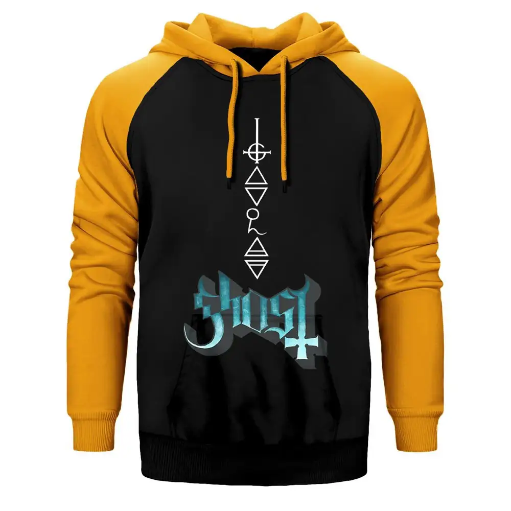 Ghost Rivals Hoodie, Double Color Raglan Sleeve Yellow Sweatshirt