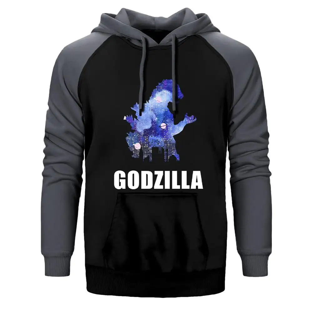 Godzilla in City Hoodie, Double Color Raglan Sleeve Gray Sweatshirt