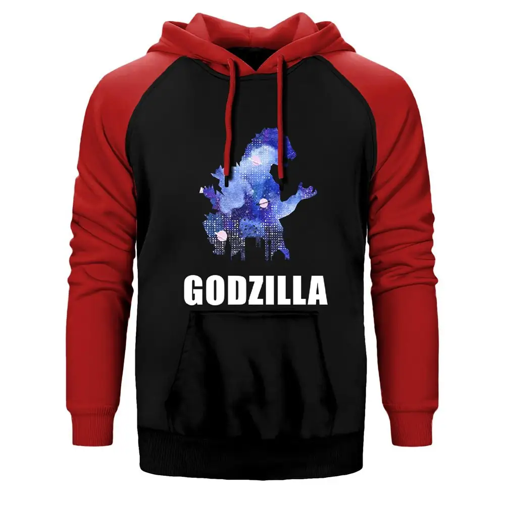Godzilla in City Hoodie, Double Color Raglan Sleeve Red Sweatshirt