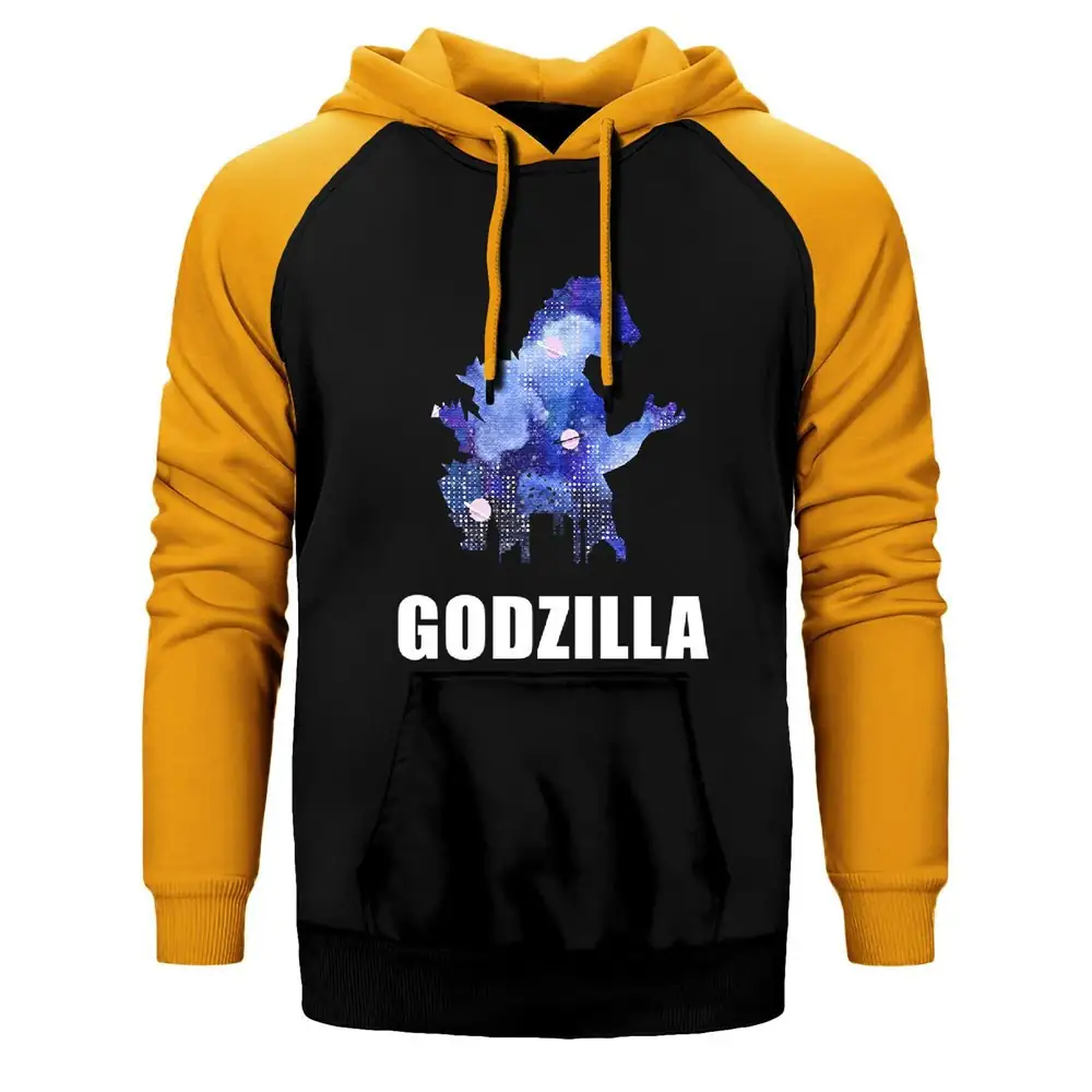 Godzilla in City Hoodie, Double Color Raglan Sleeve Yellow Sweatshirt
