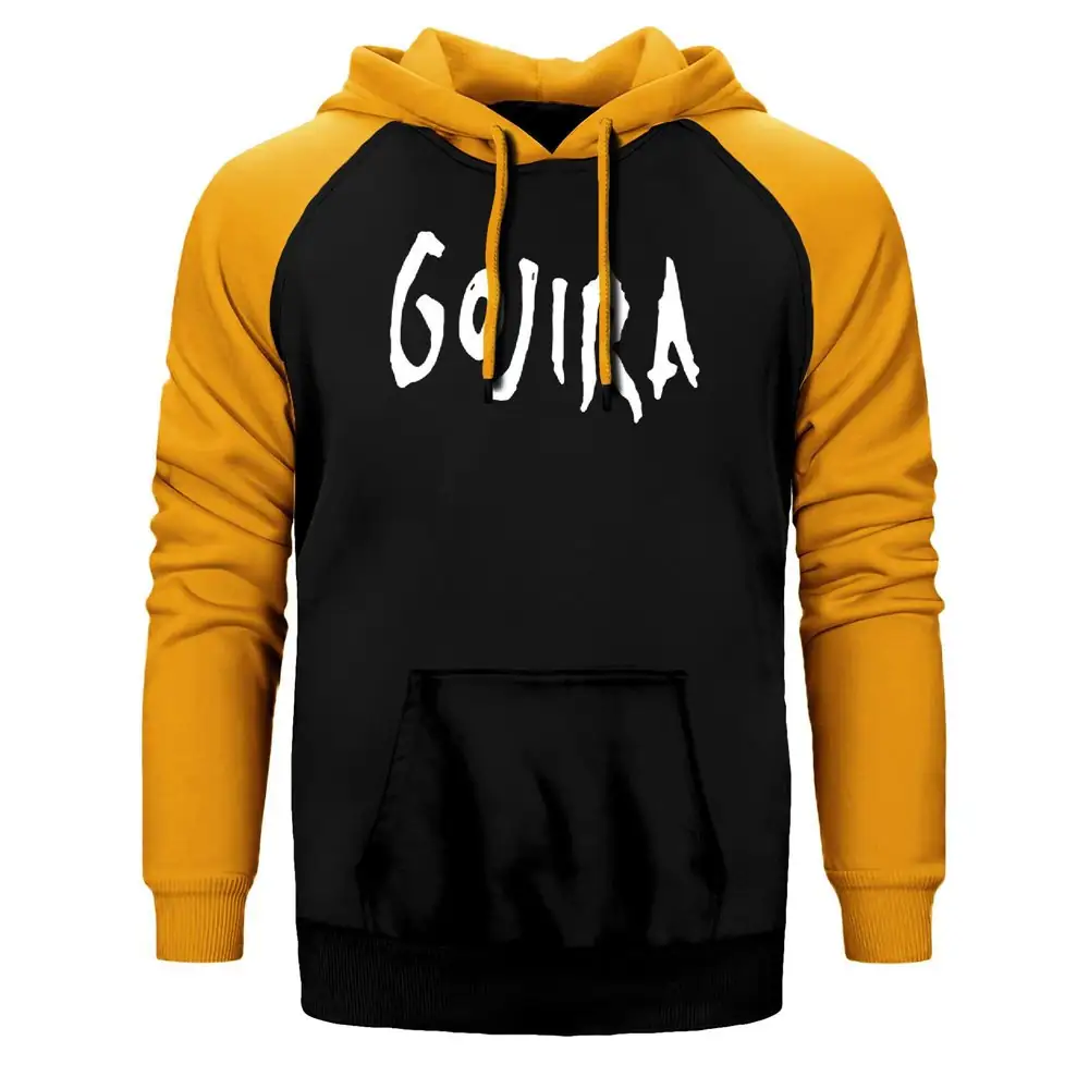 Gojira Logo Hoodie, Double Color Raglan Sleeve Yellow Sweatshirt