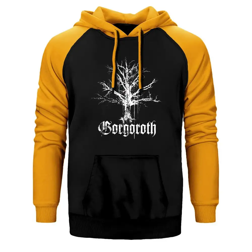 Gorgoroth Hoodie, Double Color Raglan Sleeve Yellow Sweatshirt