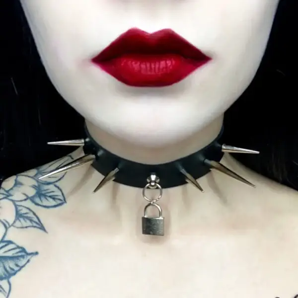 Gothic, Punk, Long Barbed Lock Detail Chocker, Faux Leather Collar