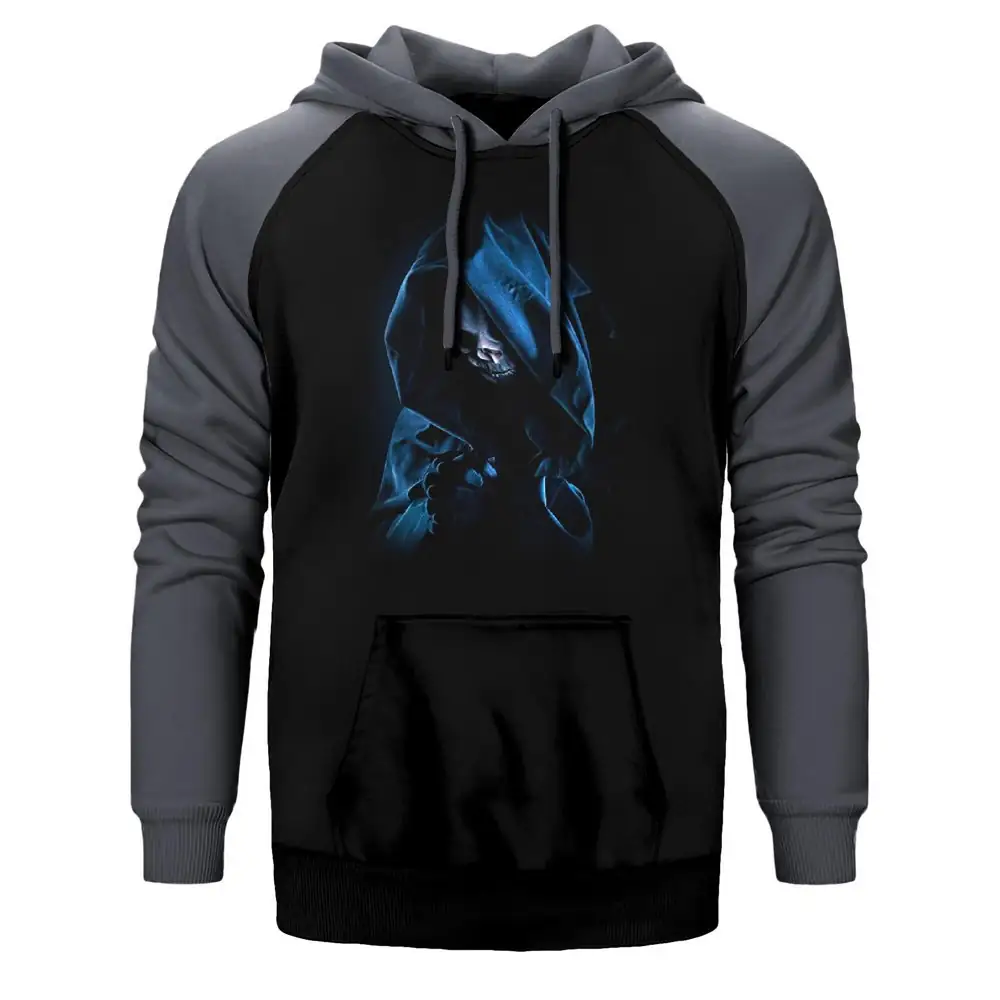 Grim Reaper Skull Hoodie, Double Color Raglan Sleeve Gray Sweatshirt