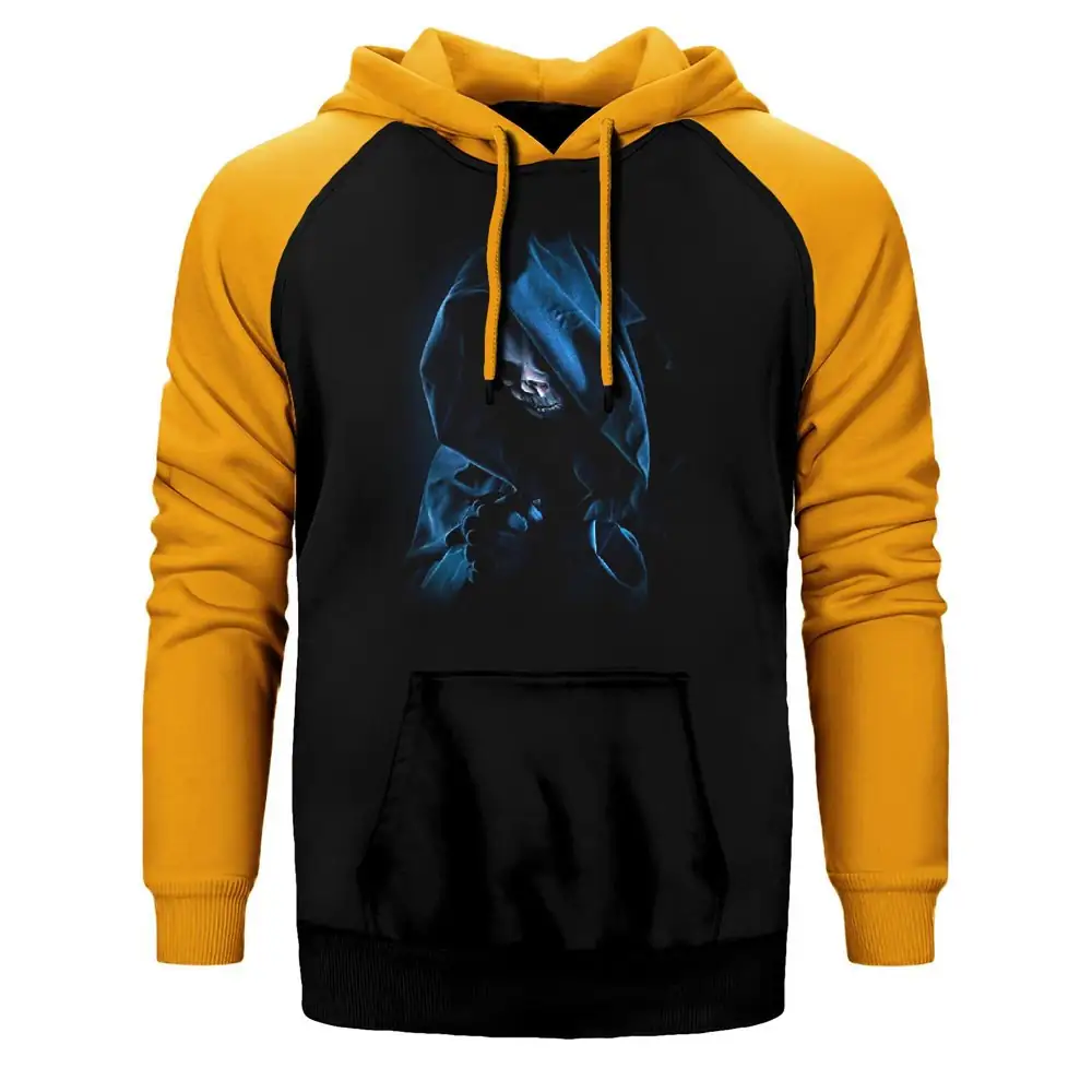 Grim Reaper Skull Hoodie, Double Color Raglan Sleeve Yellow Sweatshirt