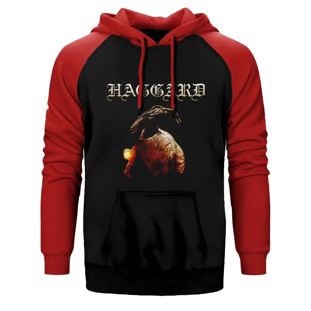 Haggard Crow Hoodie, Double Color Raglan Sleeve Red Sweatshirt