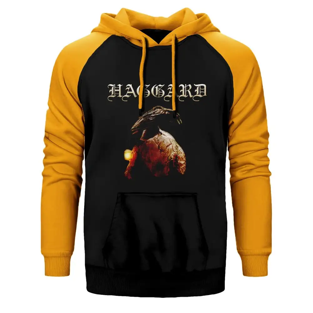 Haggard Crow Hoodie, Double Color Raglan Sleeve Yellow Sweatshirt