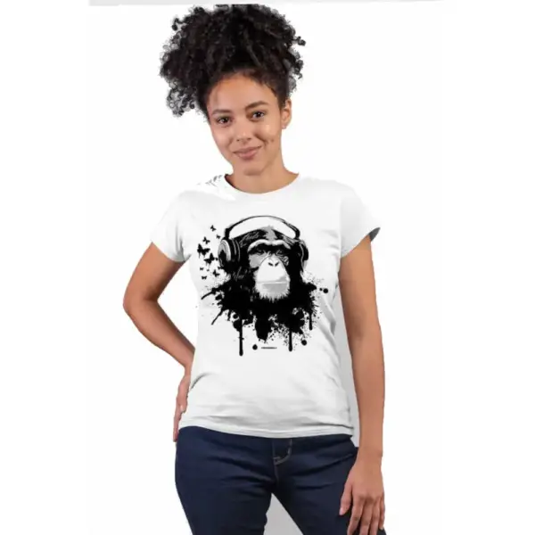 Headphones Monkey Short Sleeve Women's White T-shirt