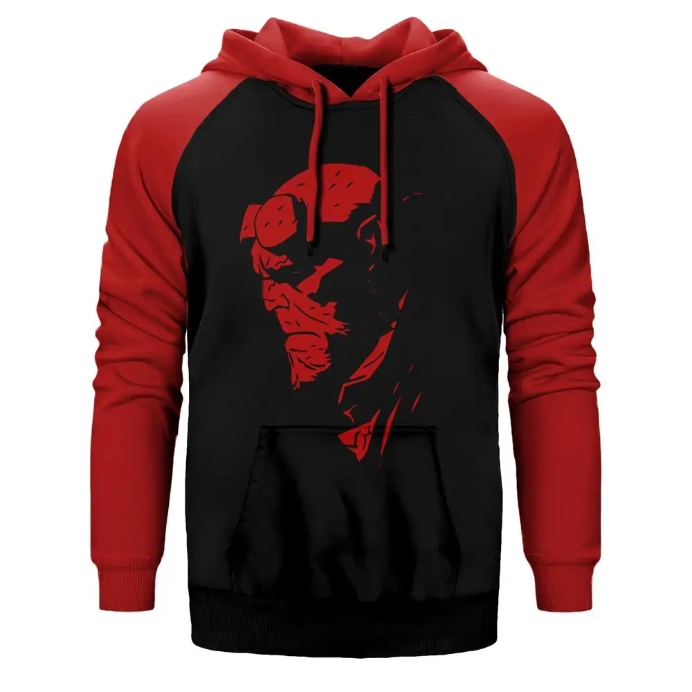 HellBoy Face Hoodie, Double Color Raglan Sleeve Red Sweatshirt
