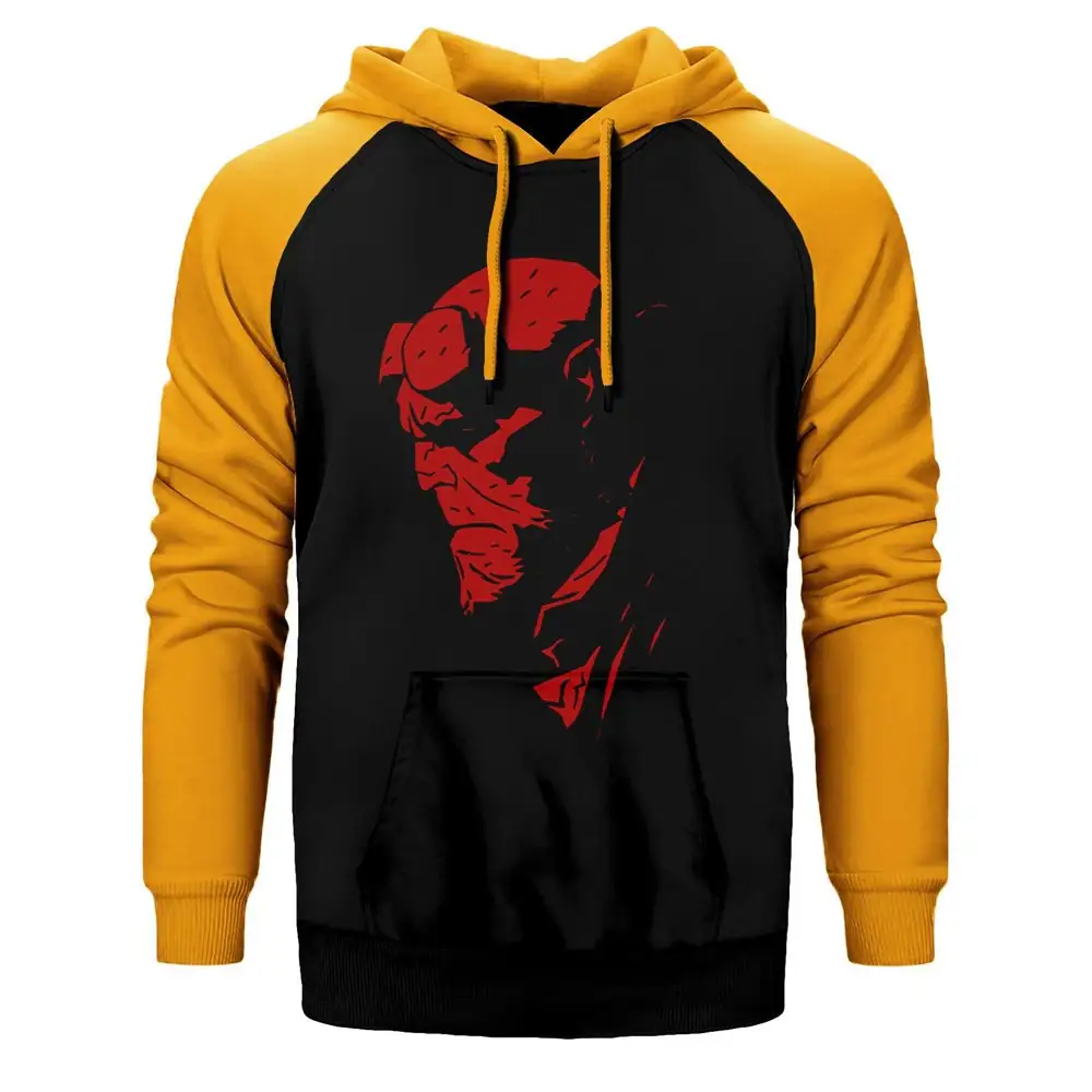 HellBoy Face Hoodie, Double Color Raglan Sleeve Yellow Sweatshirt