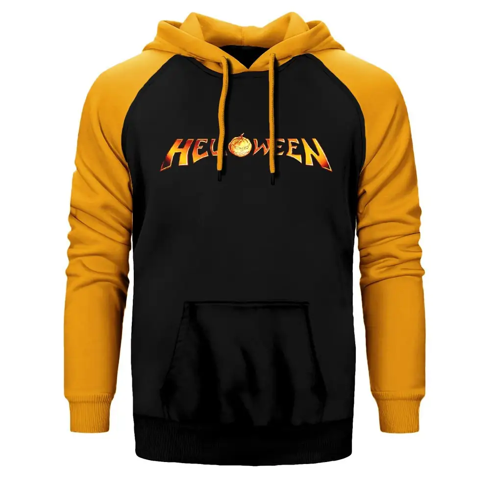 Helloween Logo Hoodie, Double Color Raglan Sleeve Yellow Sweatshirt