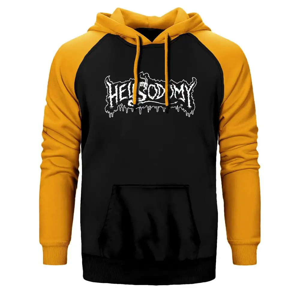 Hellsodomy Hoodie, Double Color Raglan Sleeve Yellow Sweatshirt