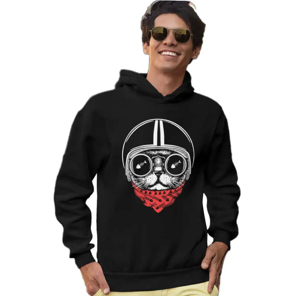 Helmet Cat Hoodie Thick Men's Black Sweatshirt