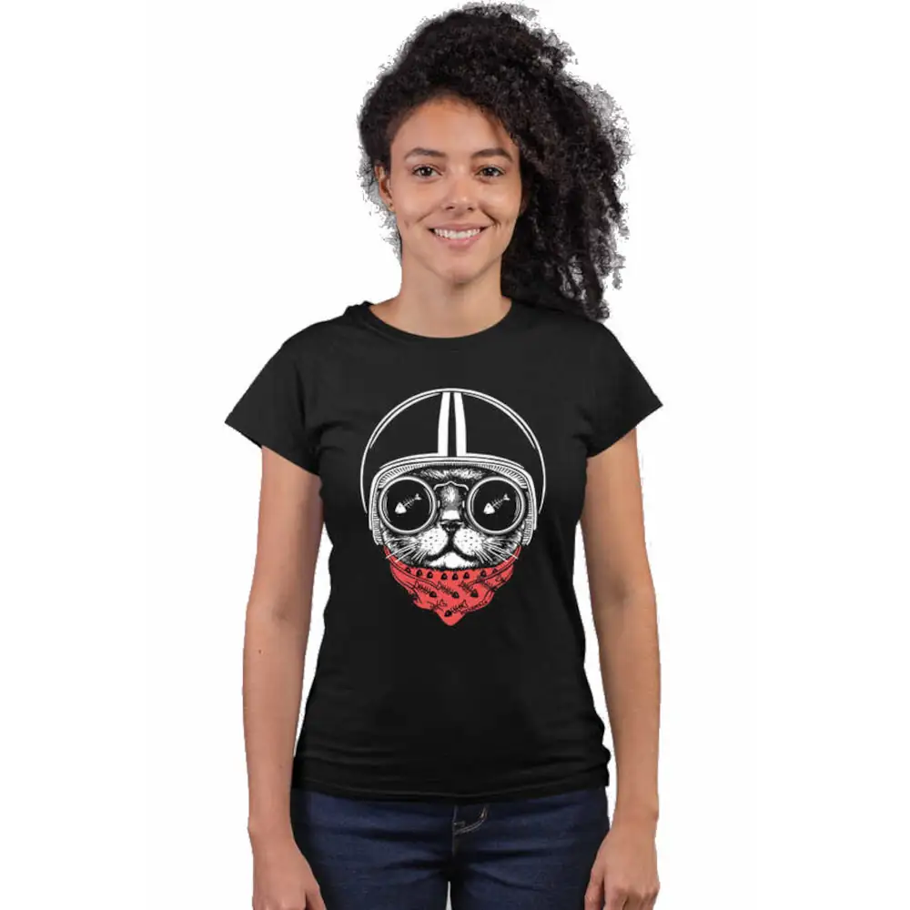 Helmet Cat Short Sleeve Women's Black T-shirt