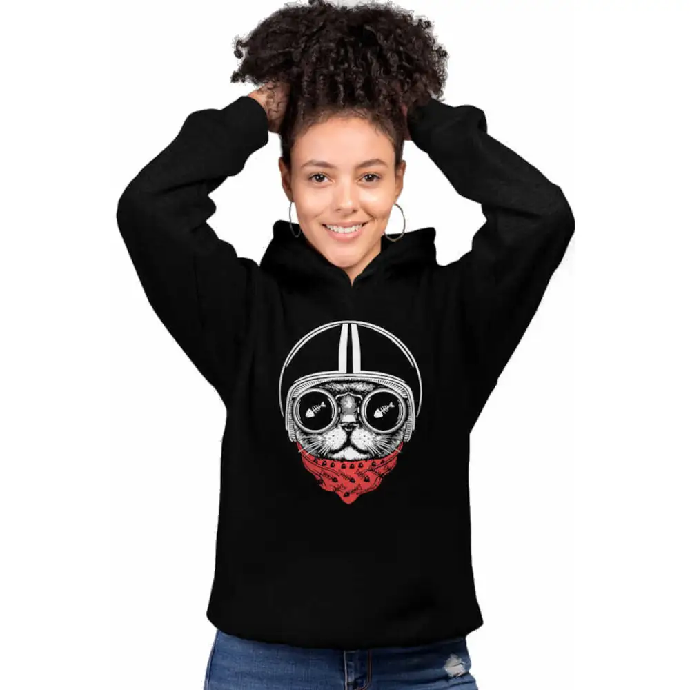 Helmet Cat Woman's Hodie Thick Black Sweatshirt