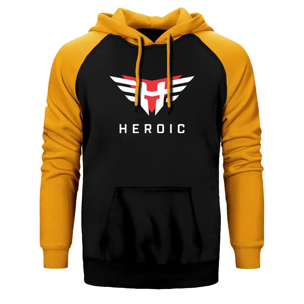 Heroic Hoodie, Double Color Raglan Sleeve Yellow Sweatshirt