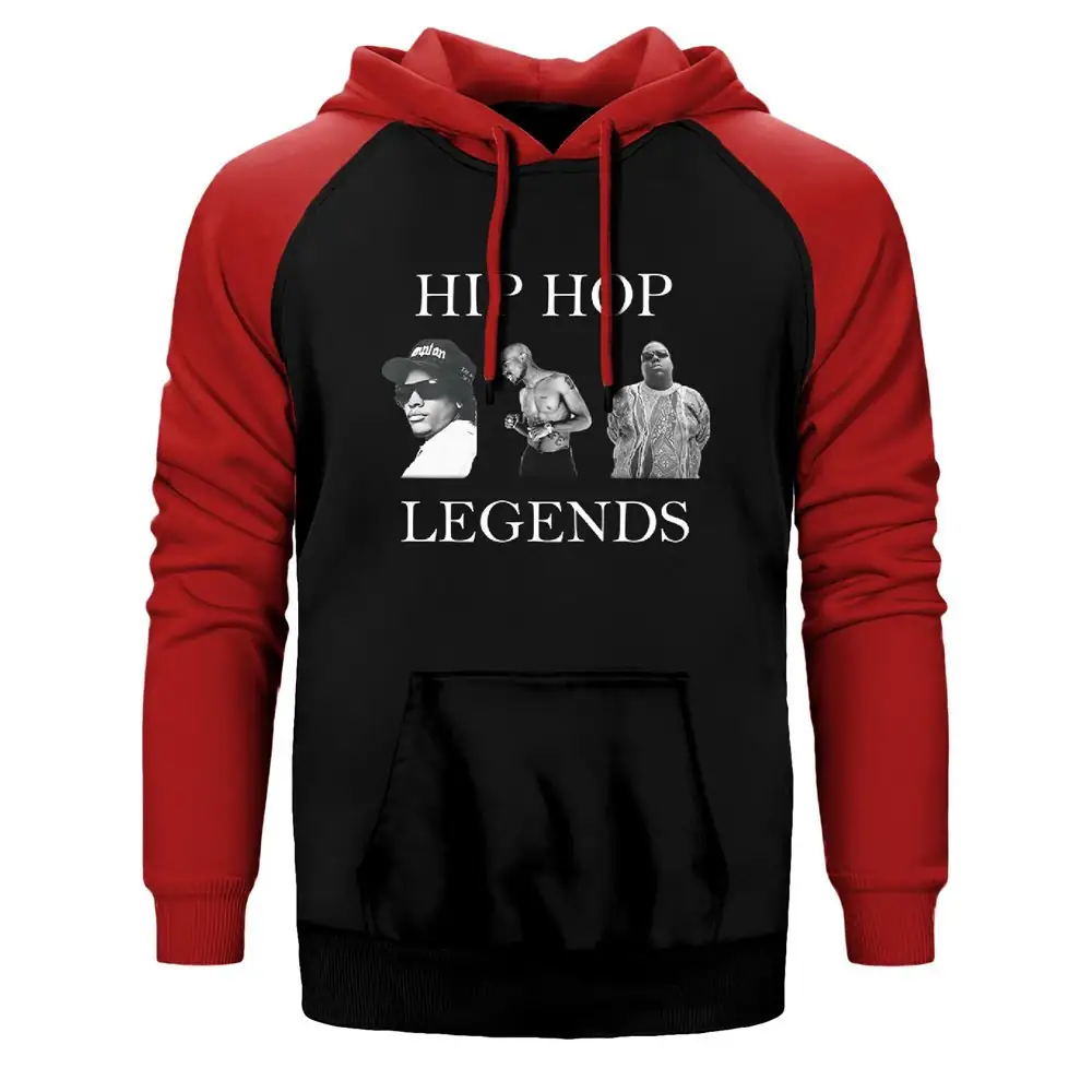 Hip Hop Legends 2pac Biggie Eazy Hoodie, Double Color Raglan Sleeve Red Sweatshirt