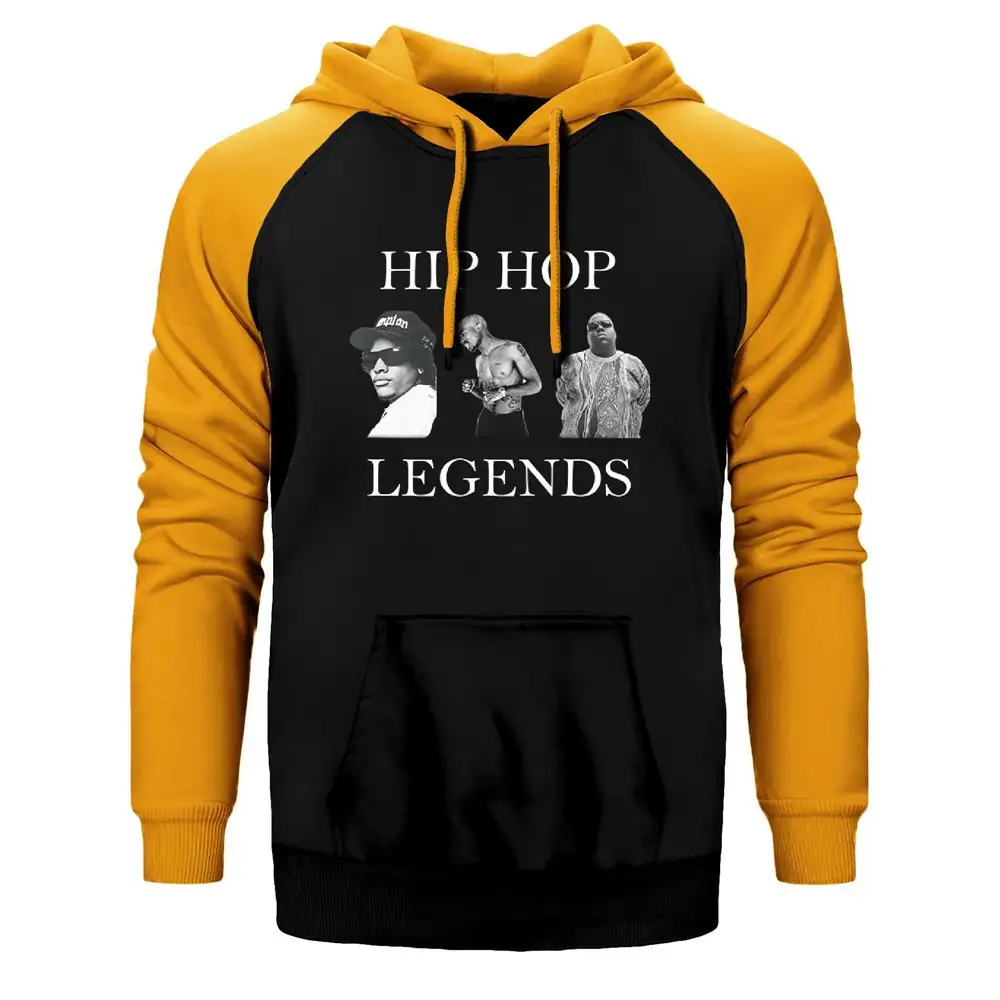 Hip Hop Legends 2pac Biggie Eazy Hoodie, Double Color Raglan Sleeve Yellow Sweatshirt