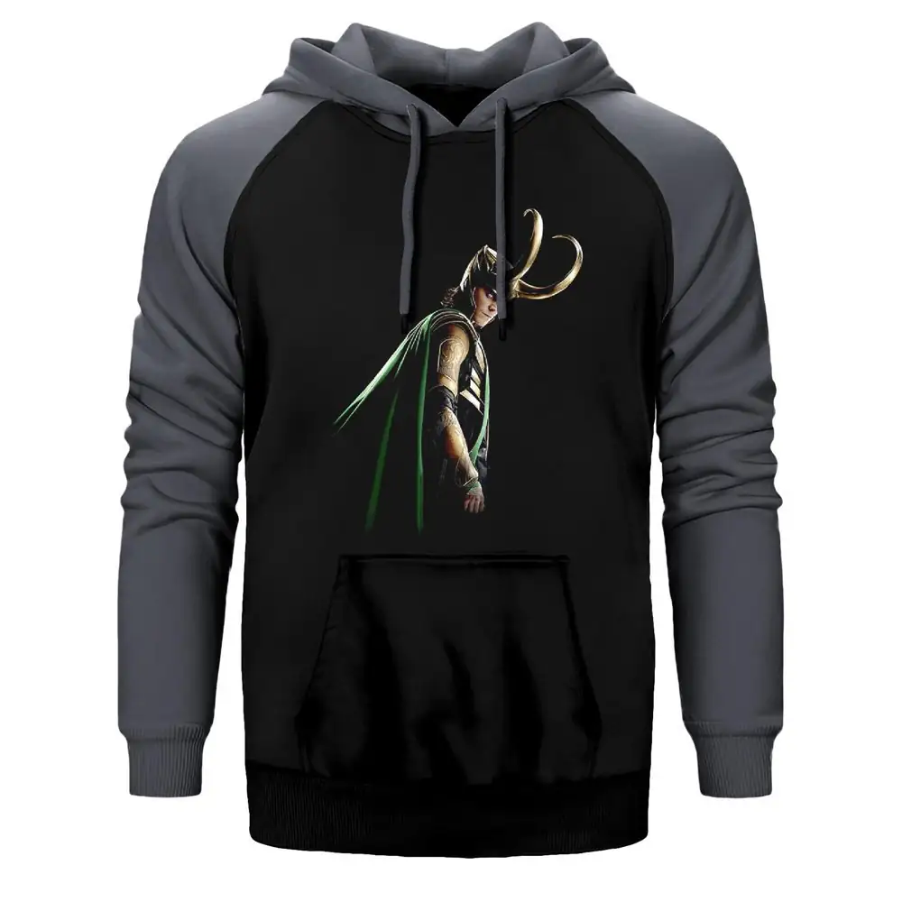 Horned Loki Hoodie, Double Color Raglan Sleeve Gray Sweatshirt