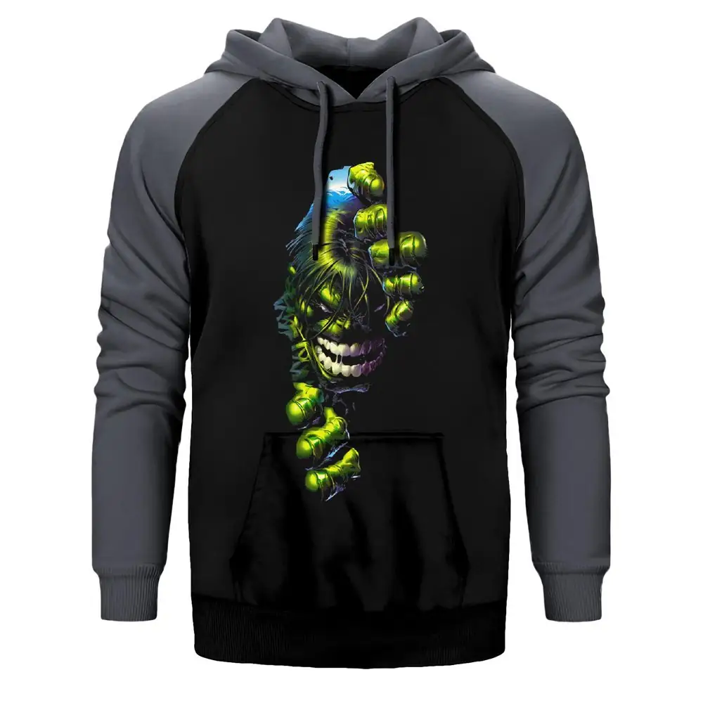 Hulk Angry Hoodie, Double Color Raglan Sleeve Gray Sweatshirt
