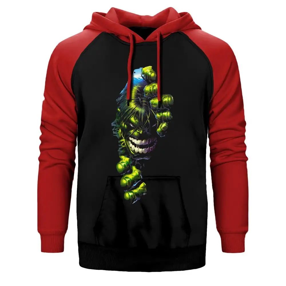 Hulk Angry Hoodie, Double Color Raglan Sleeve Red Sweatshirt